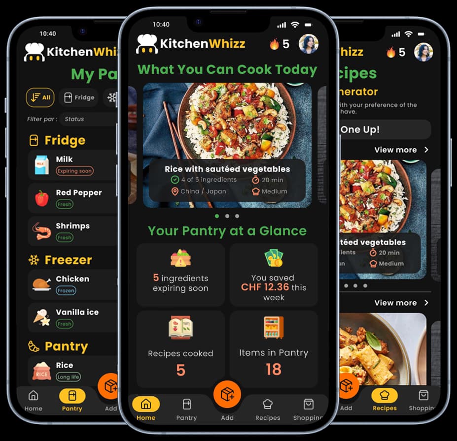 KitchenWhizz interface showing a cooking assistance screen for meals and pantry planning
